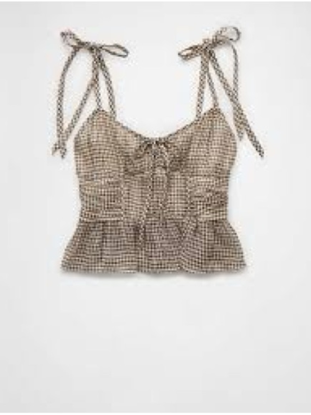 American Eagle Gingham Smocked Tie-Strap Peplum Crop Top | Brown/Cream | Size M - Picture 2 of 8